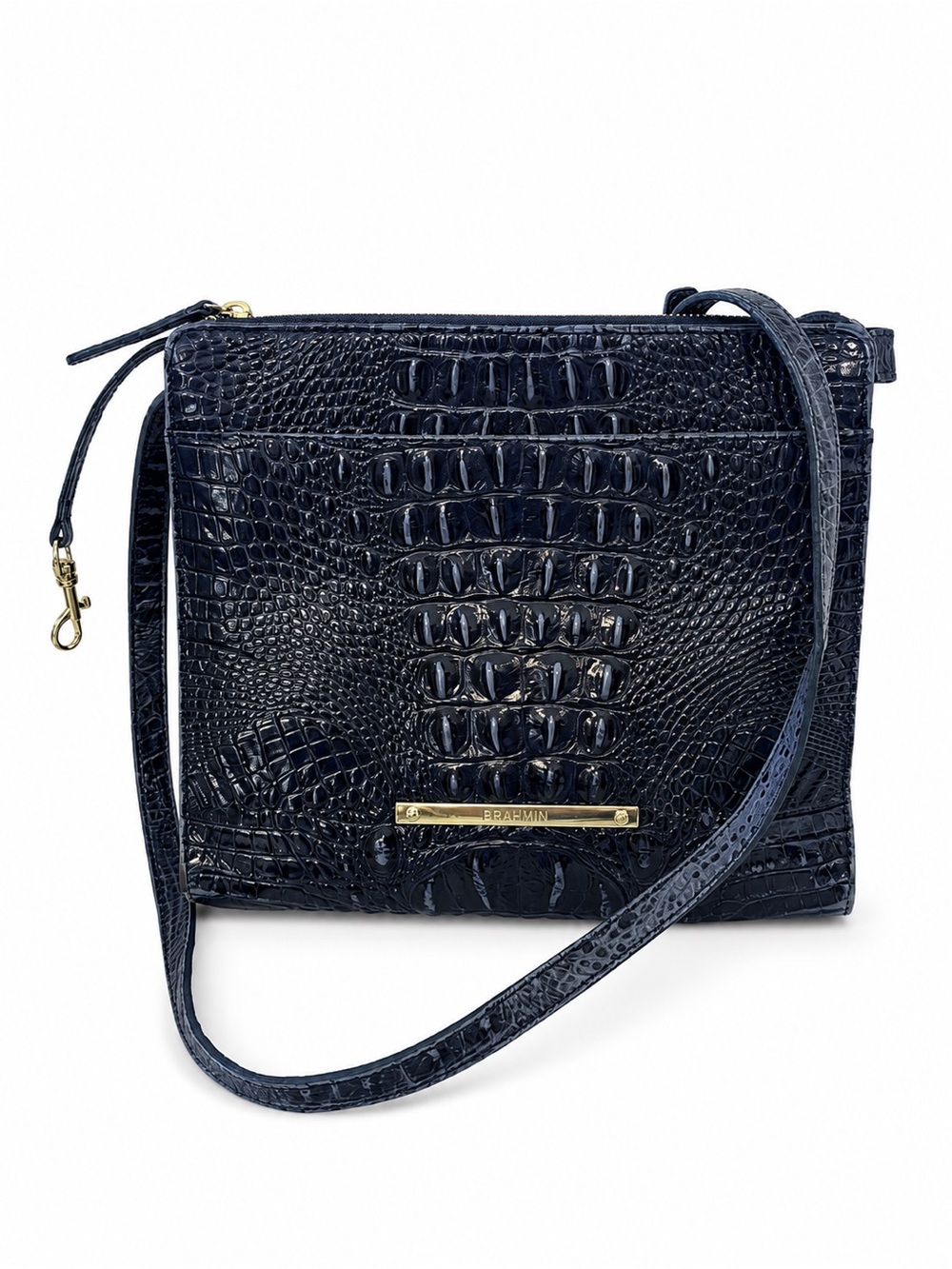 Brahmin Navy Blue Croc Embossed Leather Crossbody Bag